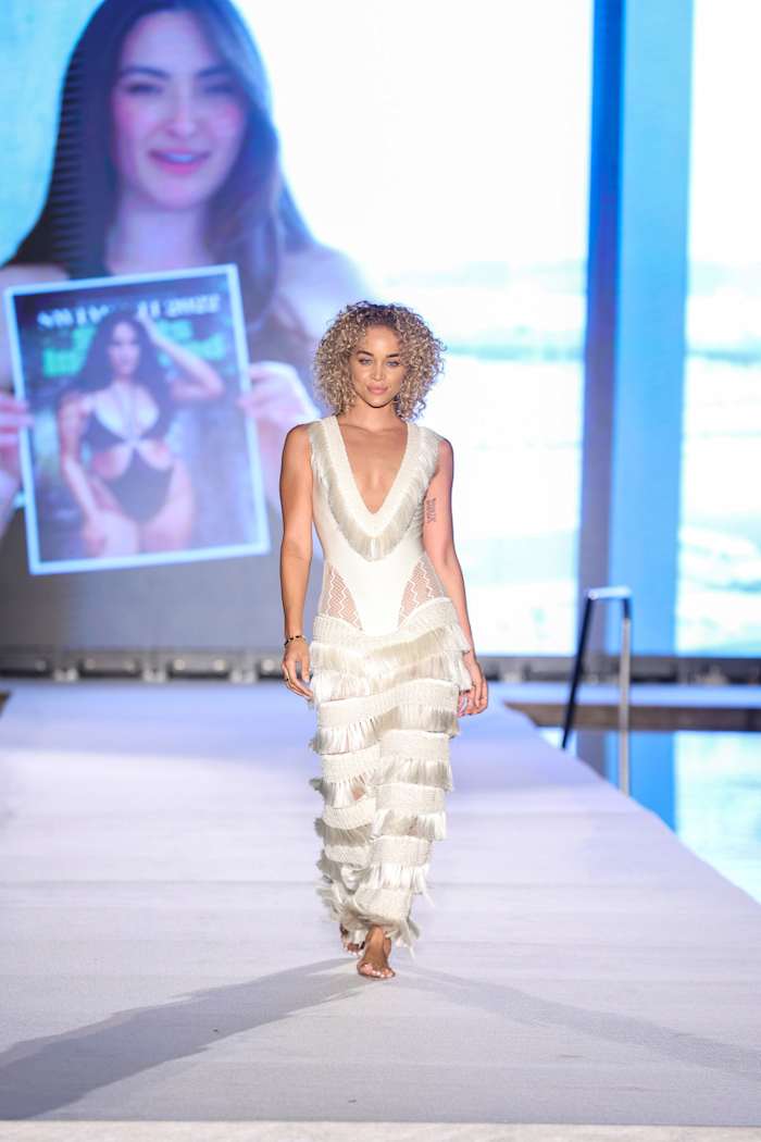 Jasmine Sanders walks the runway for Sports Illustrated Swimsuit Runway Show During Paraiso Miami Beach on July 16, 2022 in Miami Beach, Florida.